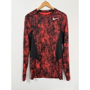 Nike Pro Combat Dri Fit Fitted‎ Mens Small Red Black Stretch Long Sleeve Shirt